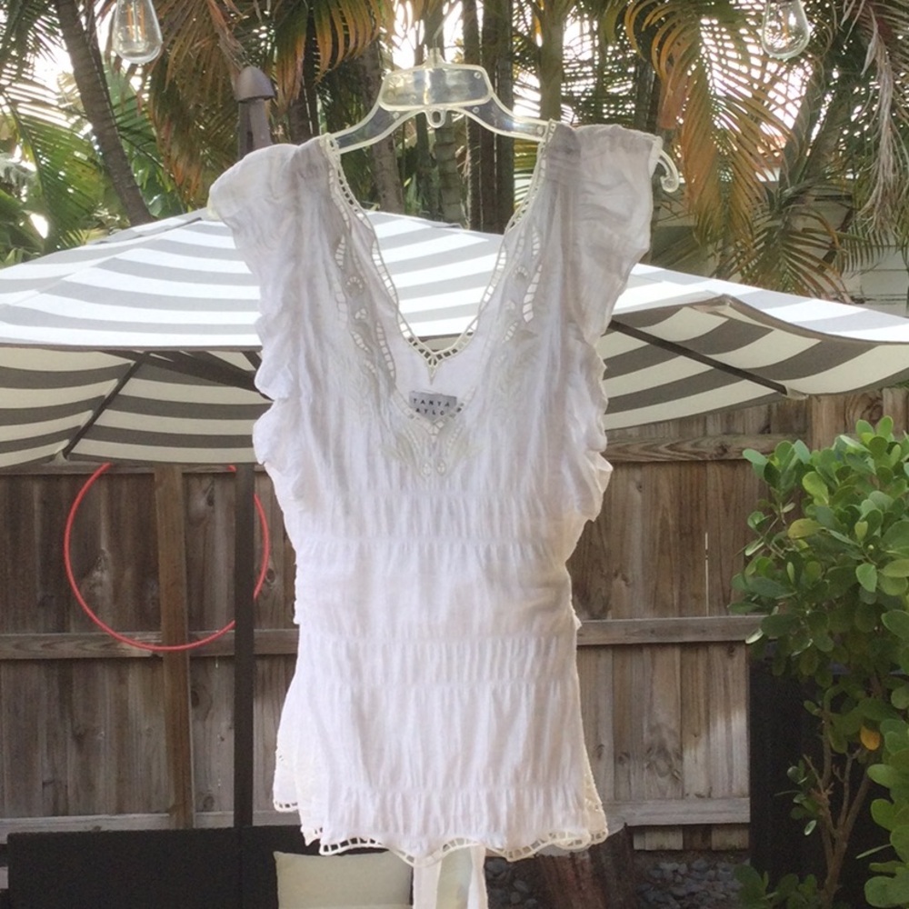Tanya Taylor White Lace-Trim V-Neck Camisole